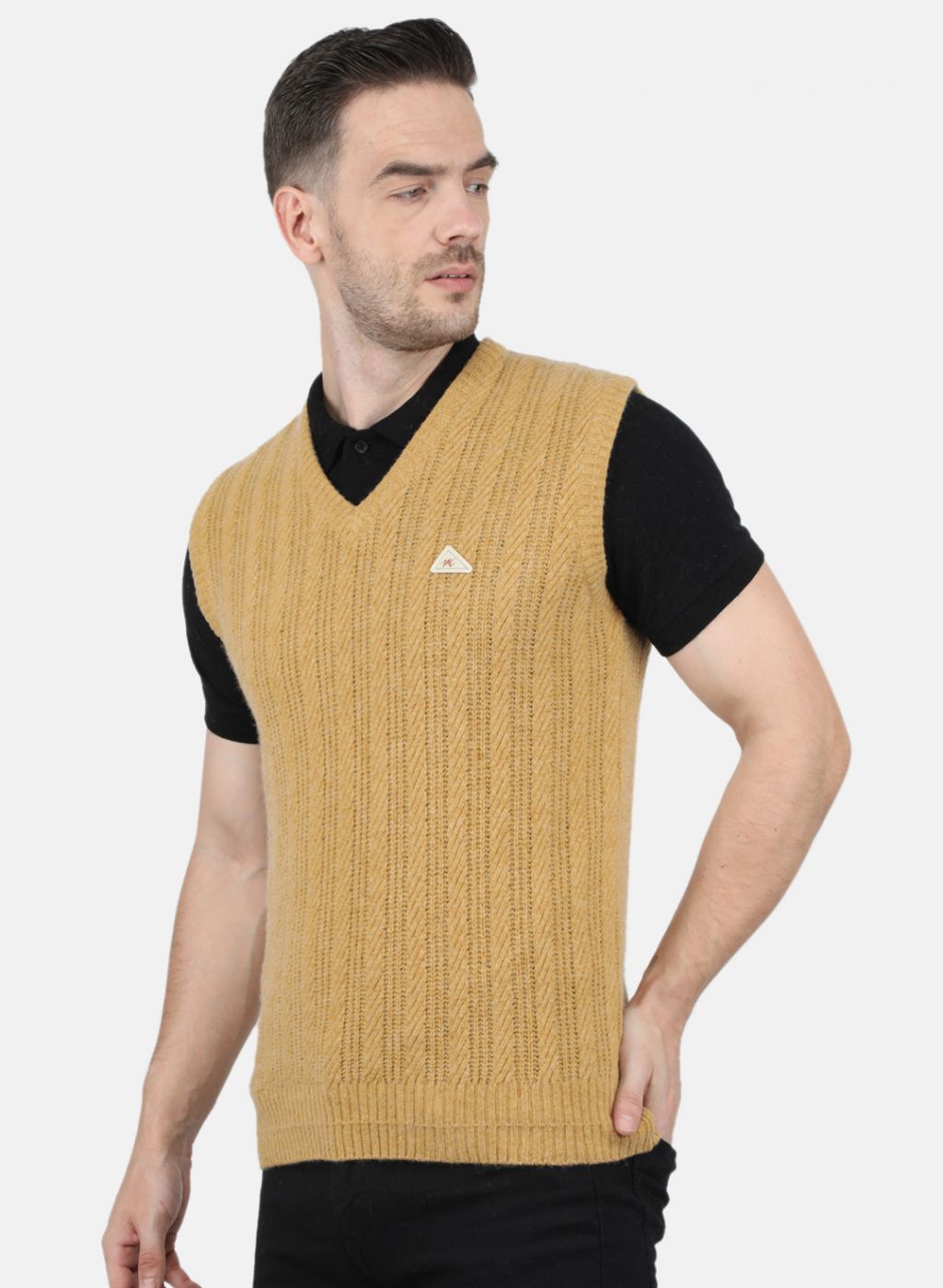 Men Mustard Self Design Sweater