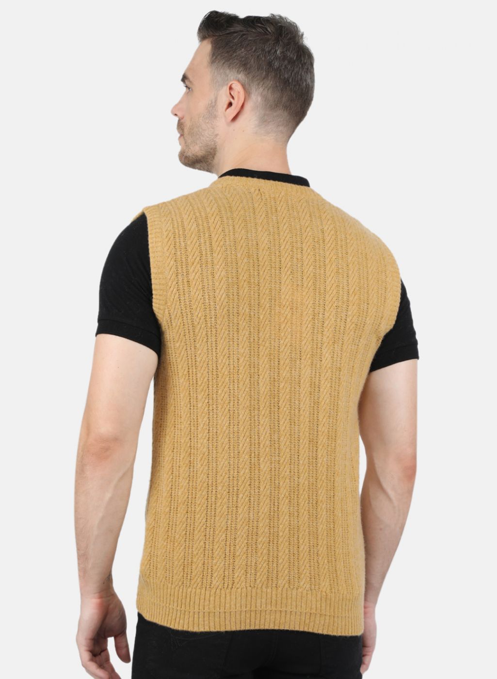 Men Mustard Self Design Sweater