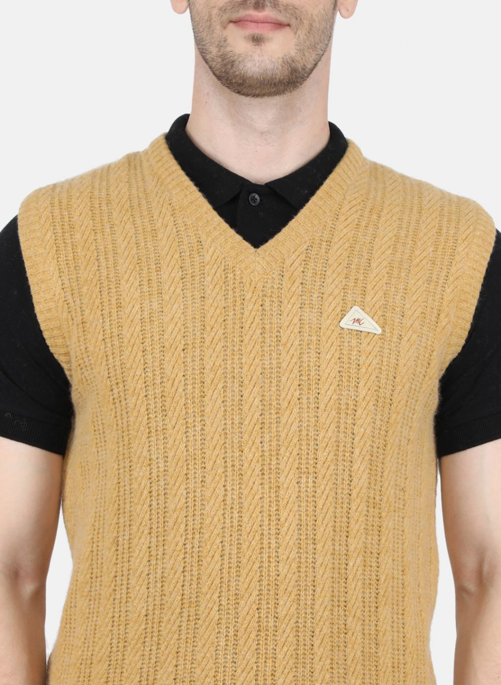 Men Mustard Self Design Sweater