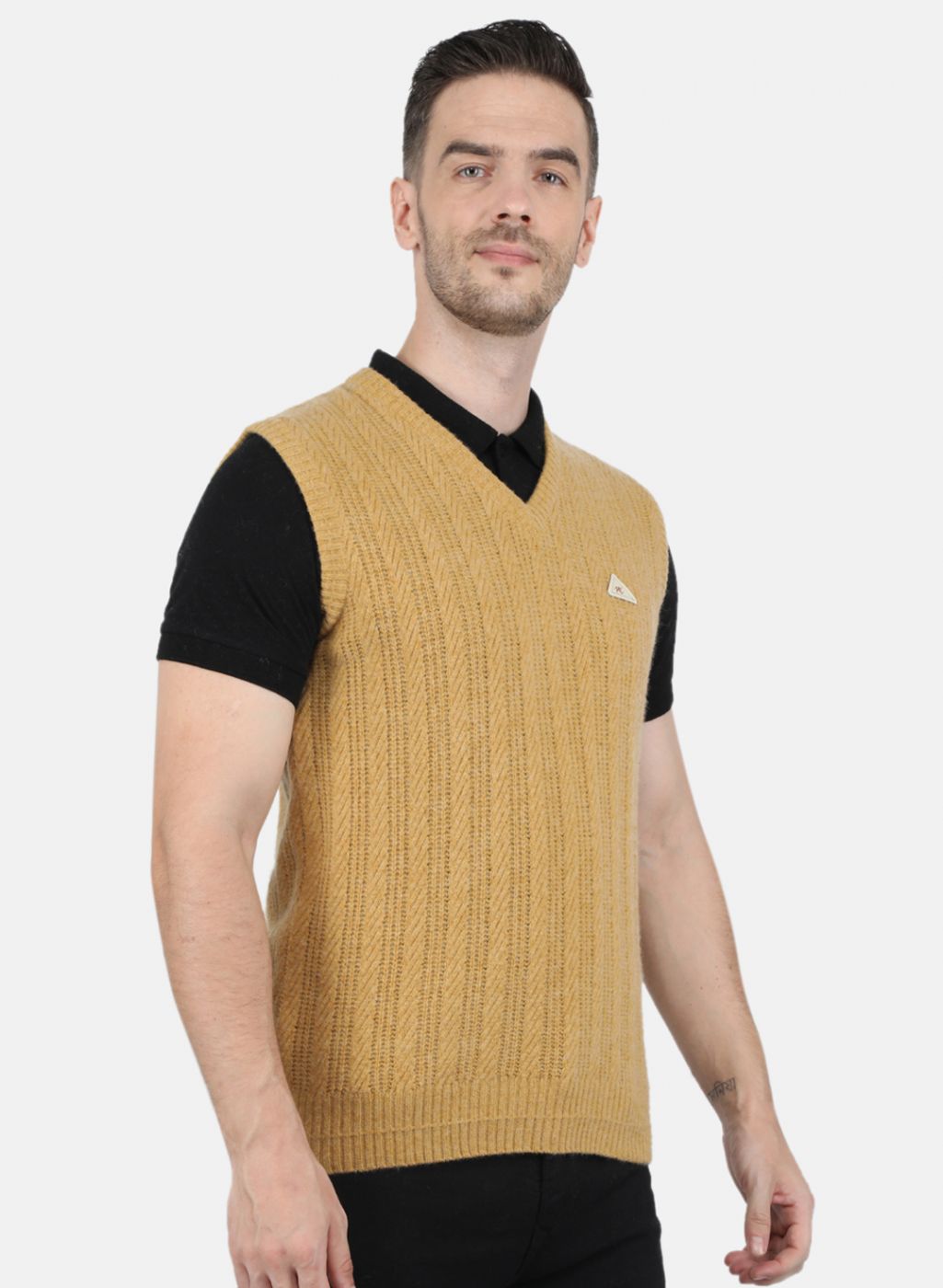 Men Mustard Self Design Sweater