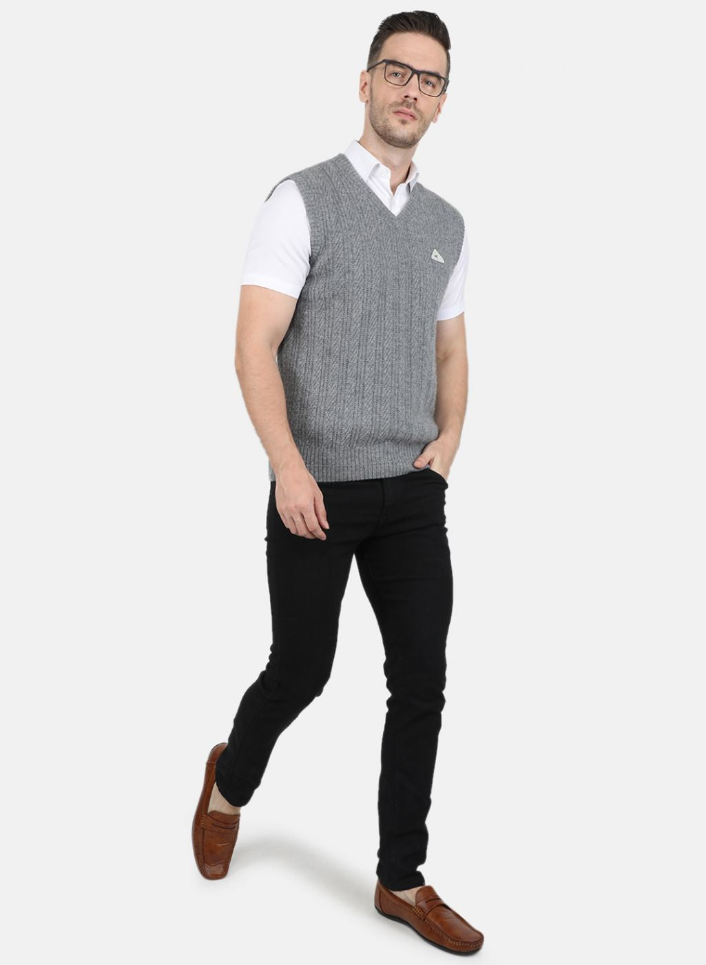 Men Grey Self Design Sweater