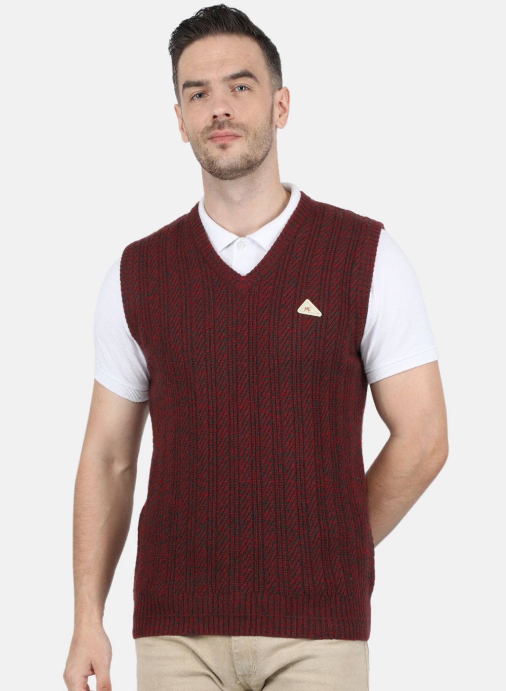 Men Maroon Self Design Sweater