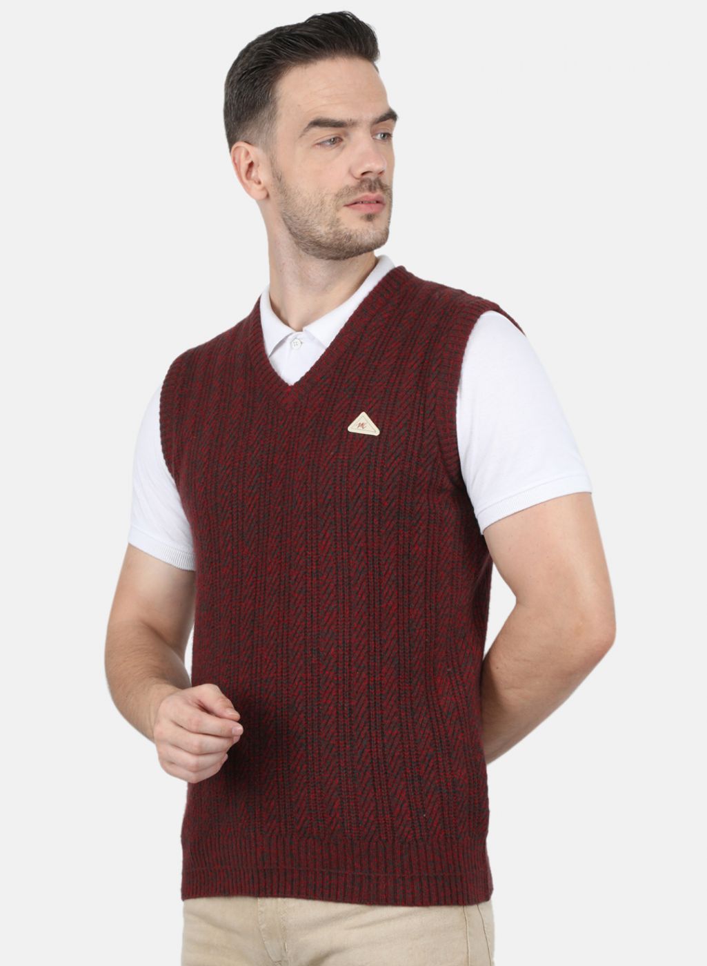 Men Maroon Self Design Sweater