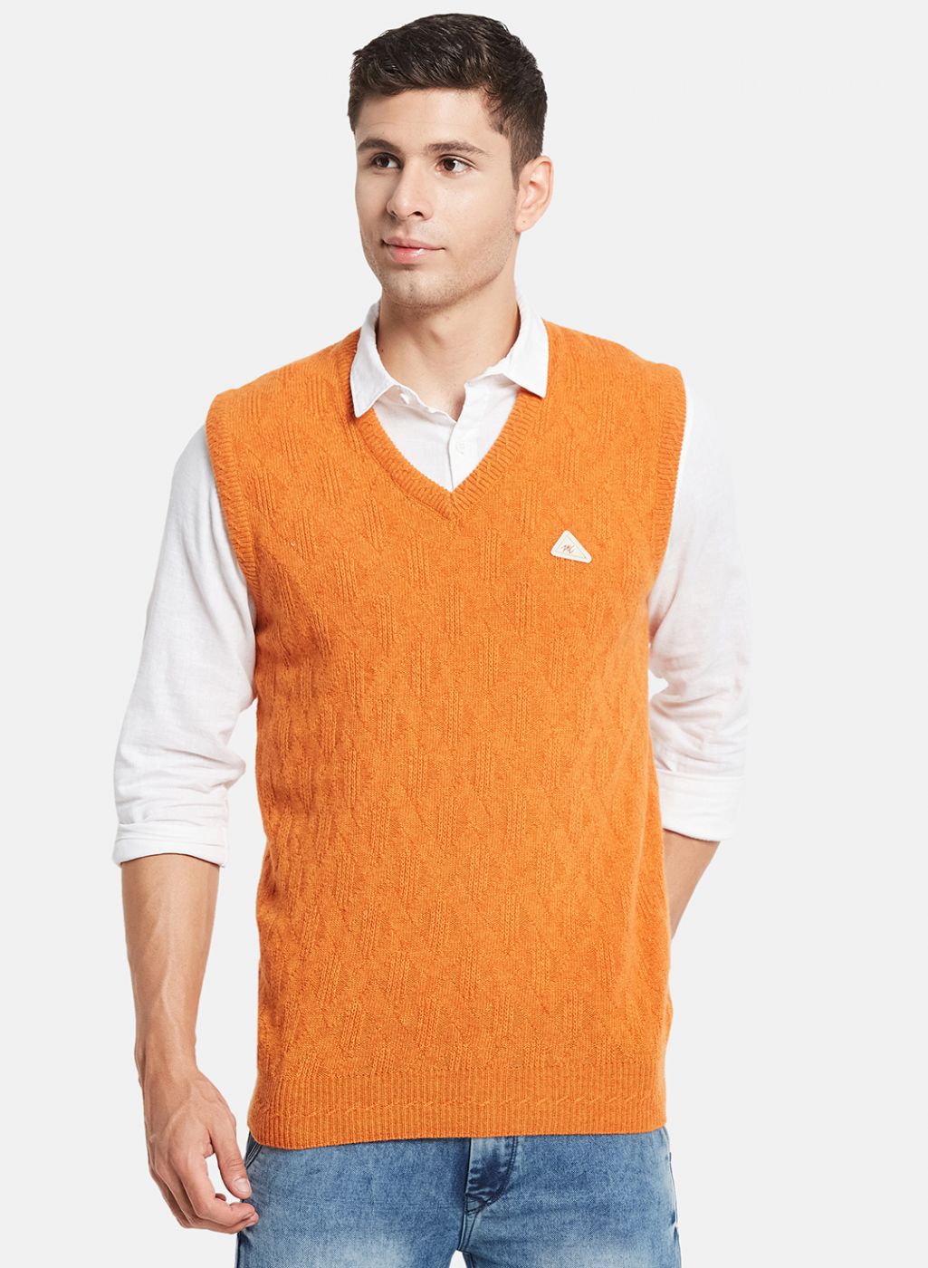 Men Orange Self Design Sweater