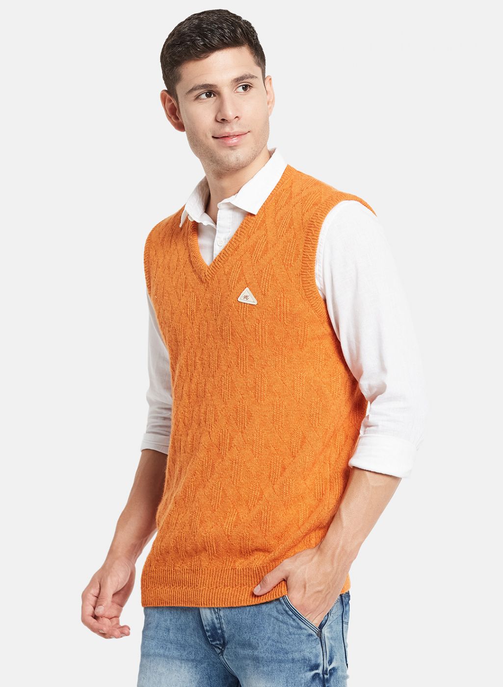 Men Orange Self Design Sweater