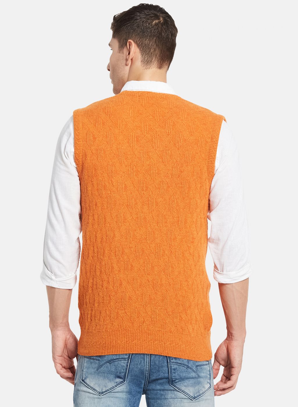 Men Orange Self Design Sweater