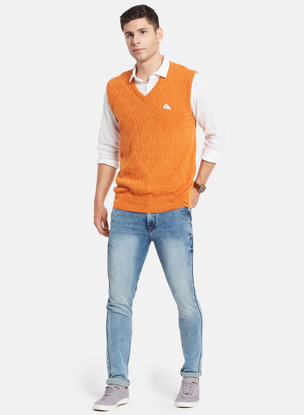 Men Orange Self Design Sweater