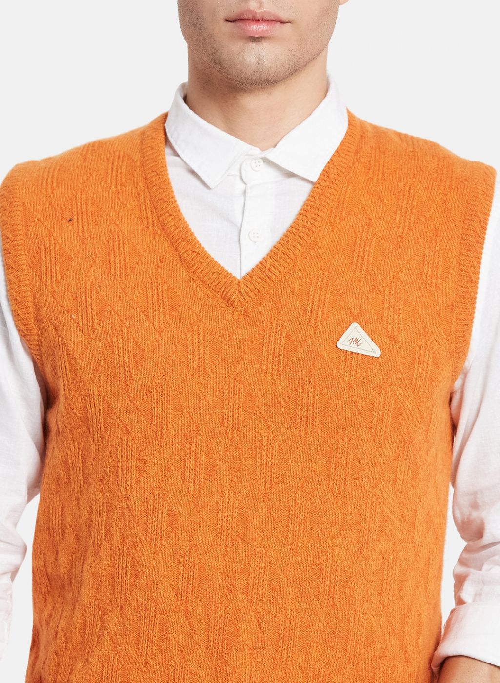 Men Orange Self Design Sweater