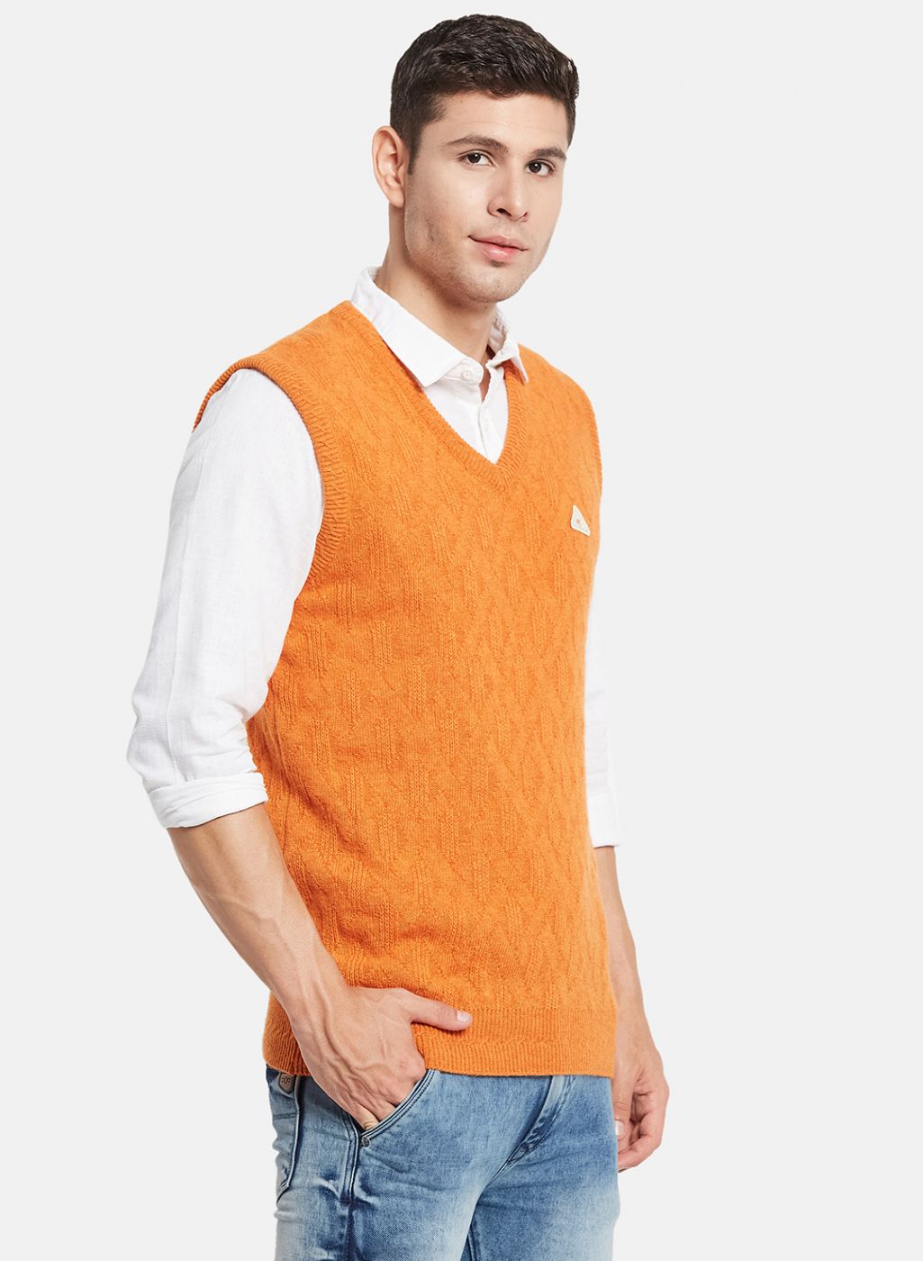 Men Orange Self Design Sweater