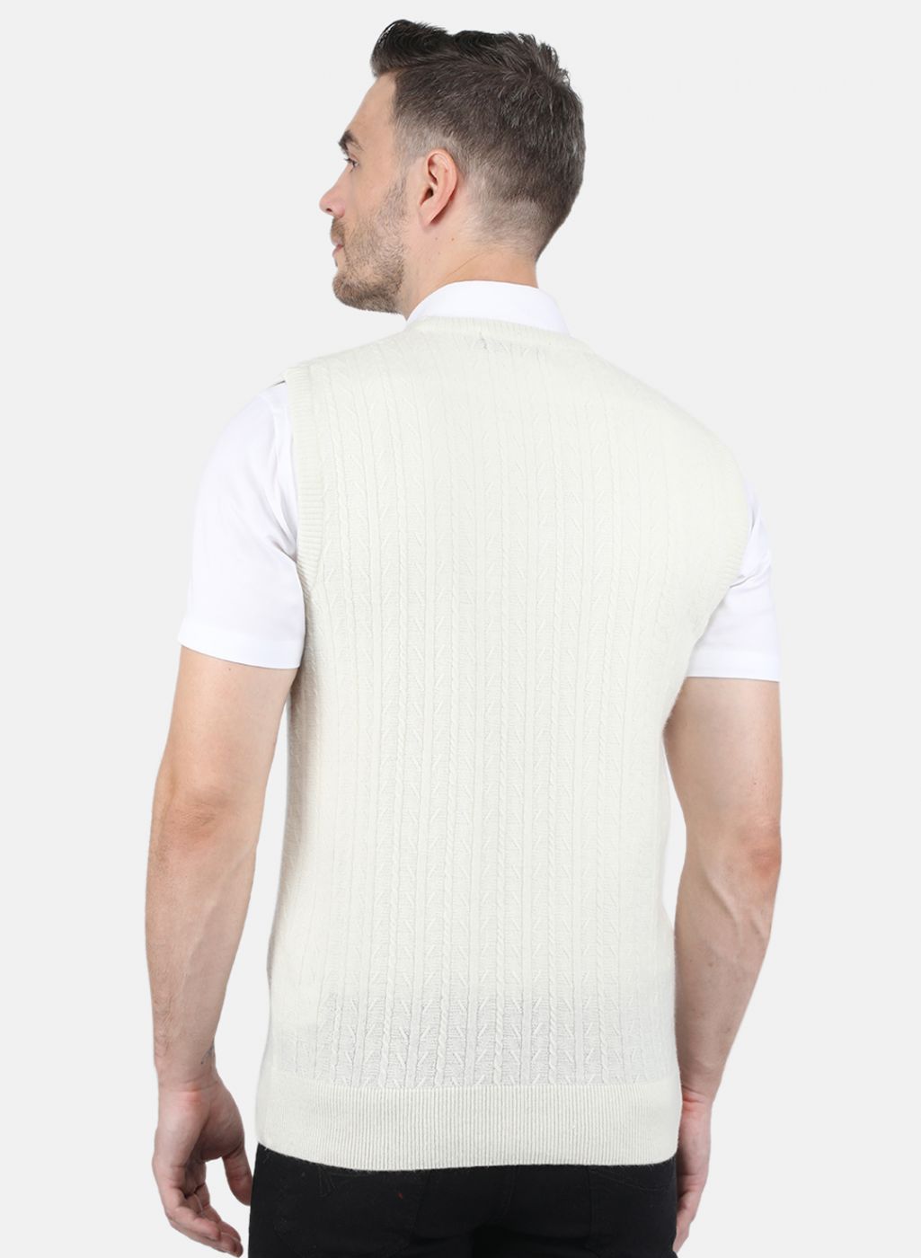 Men White Self Design Sweater