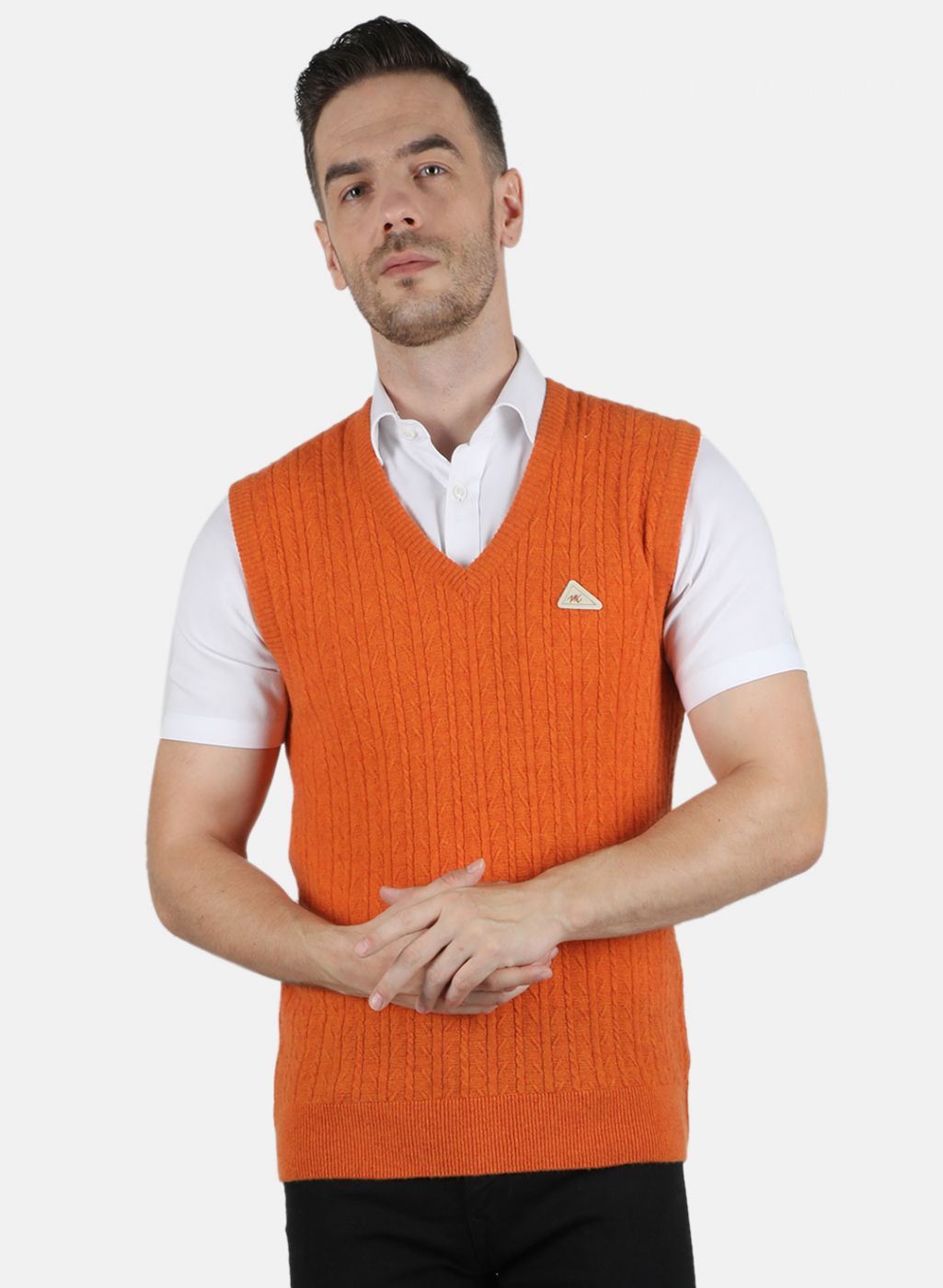 Men Orange Self Design Sweater