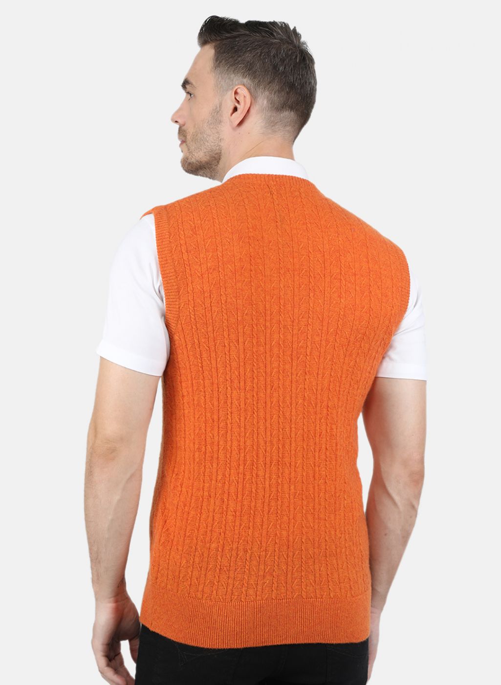 Men Orange Self Design Sweater