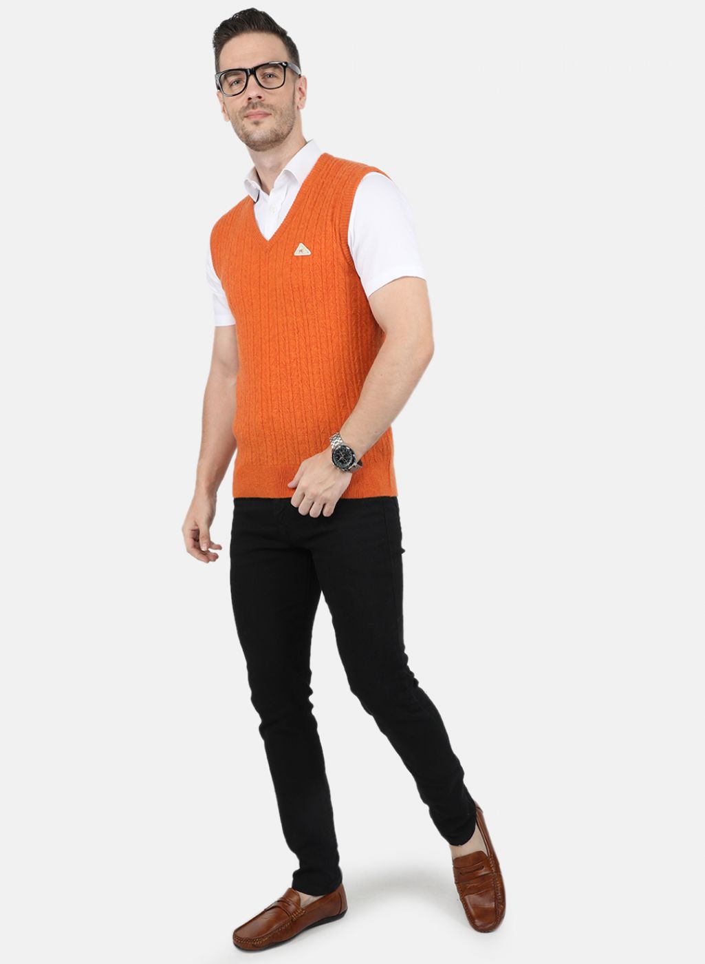 Men Orange Self Design Sweater