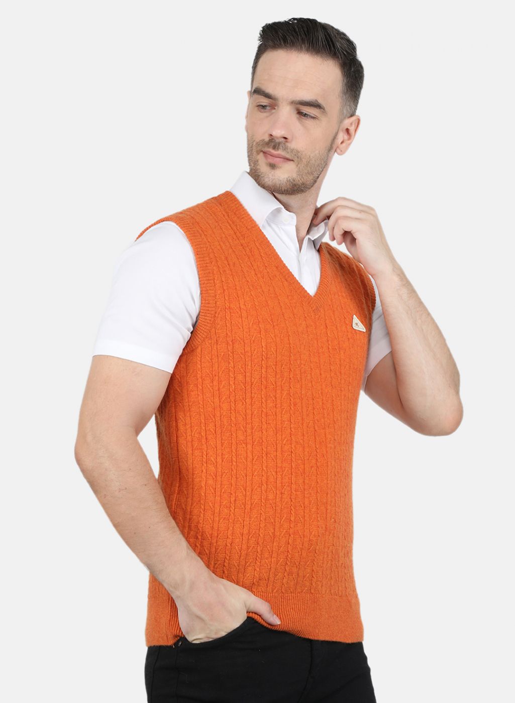 Men Orange Self Design Sweater