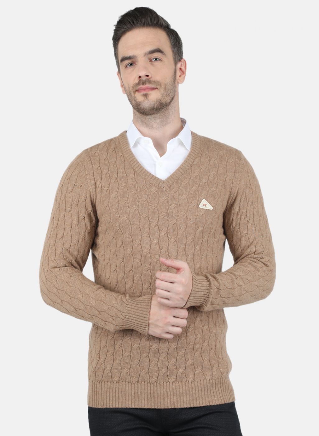 Men Beige Self Design Pullover