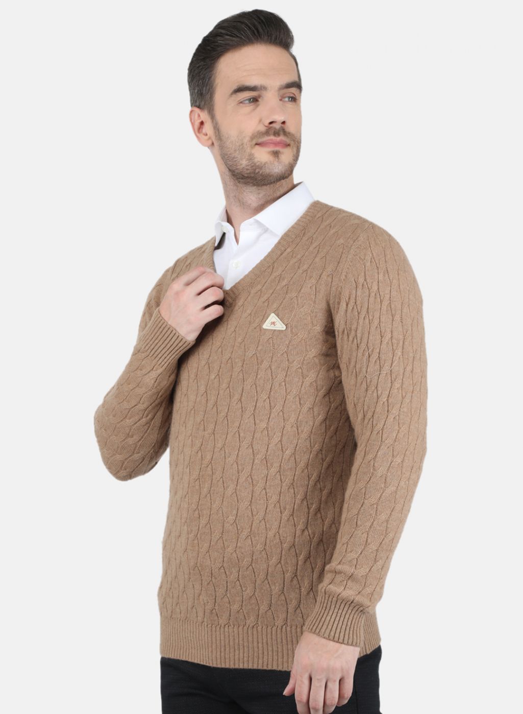 Men Beige Self Design Pullover