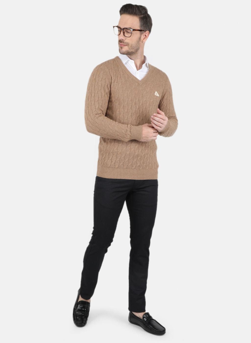 Men Beige Self Design Pullover