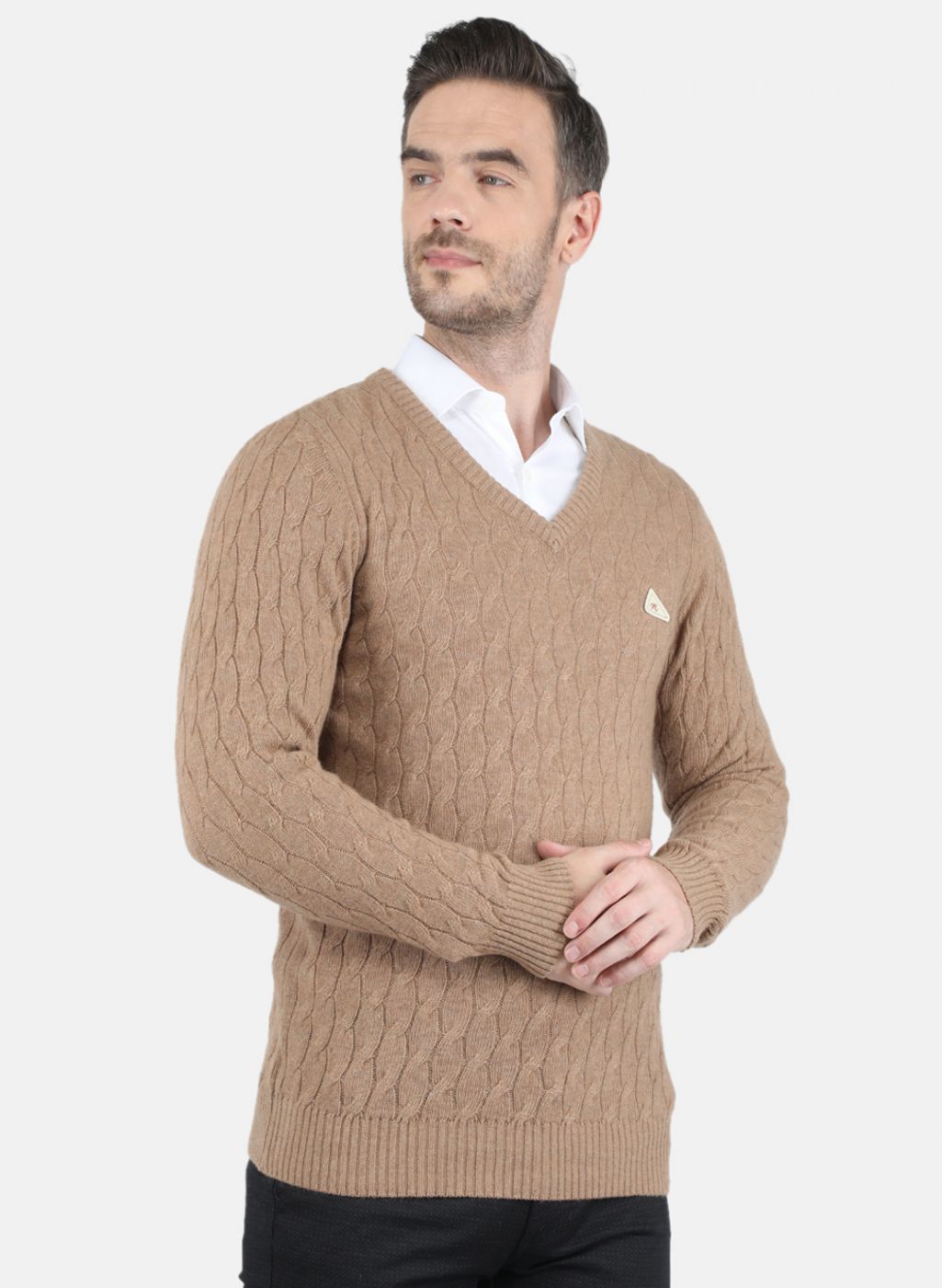 Men Beige Self Design Pullover