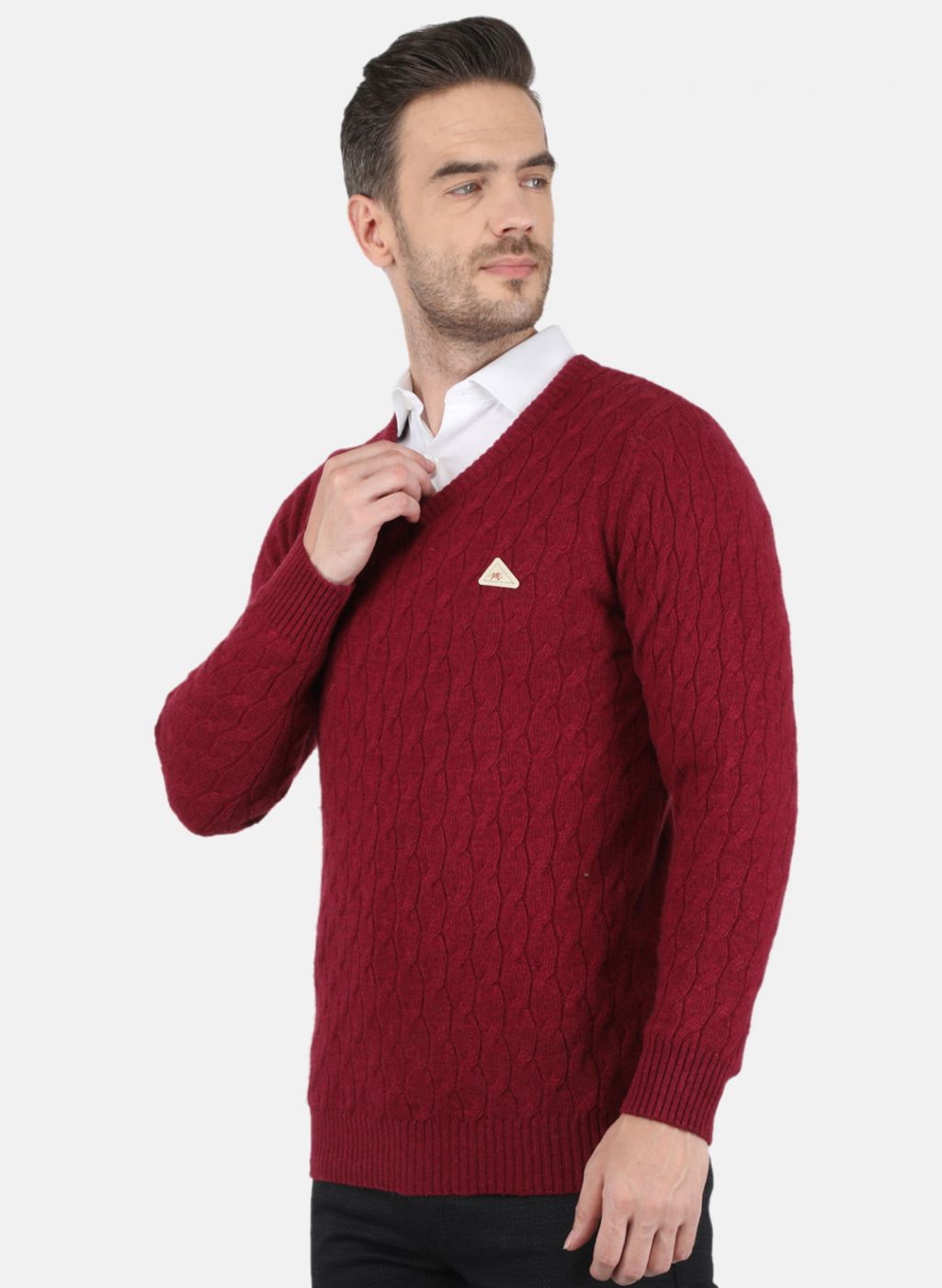 Men Red Self Design Pullover