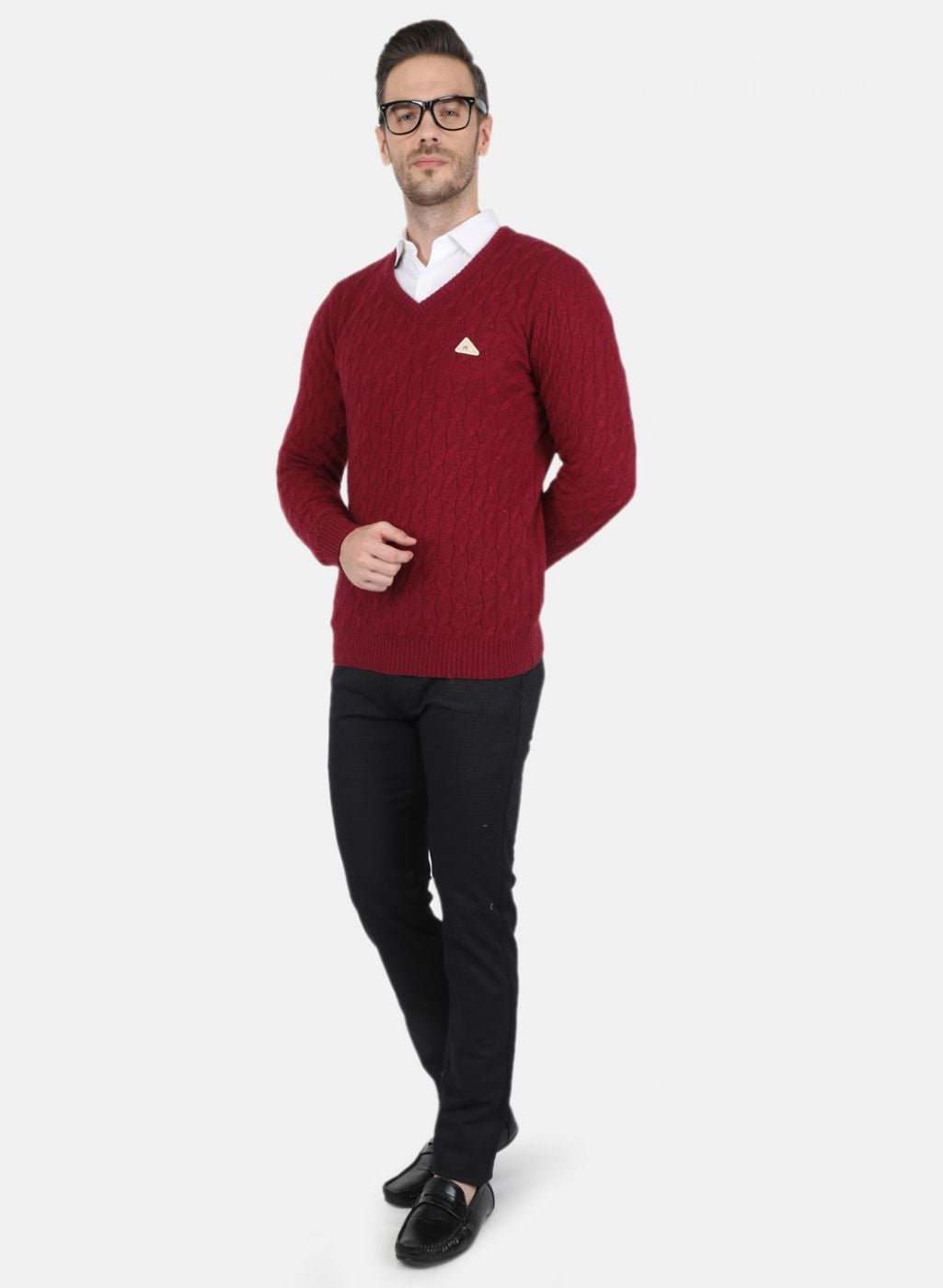 Men Red Self Design Pullover