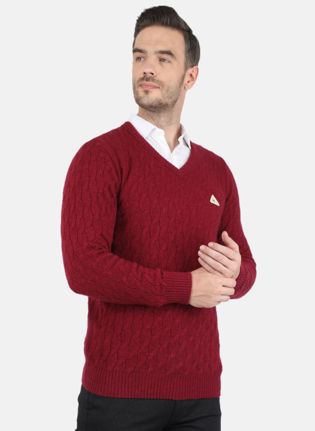 Men Red Self Design Pullover