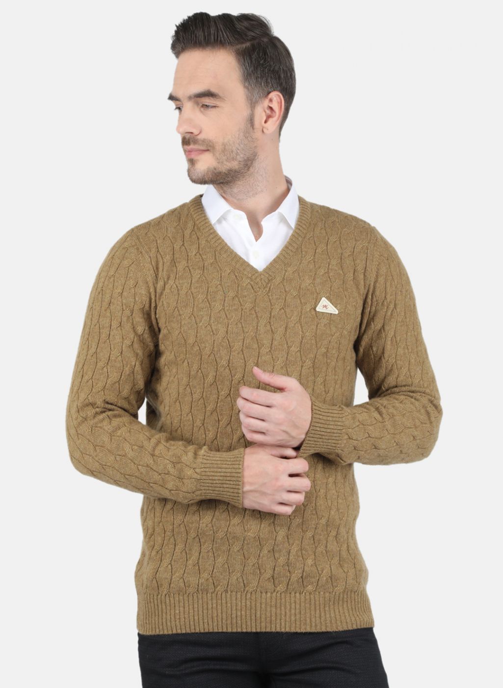 Men Khaki Self Design Pullover