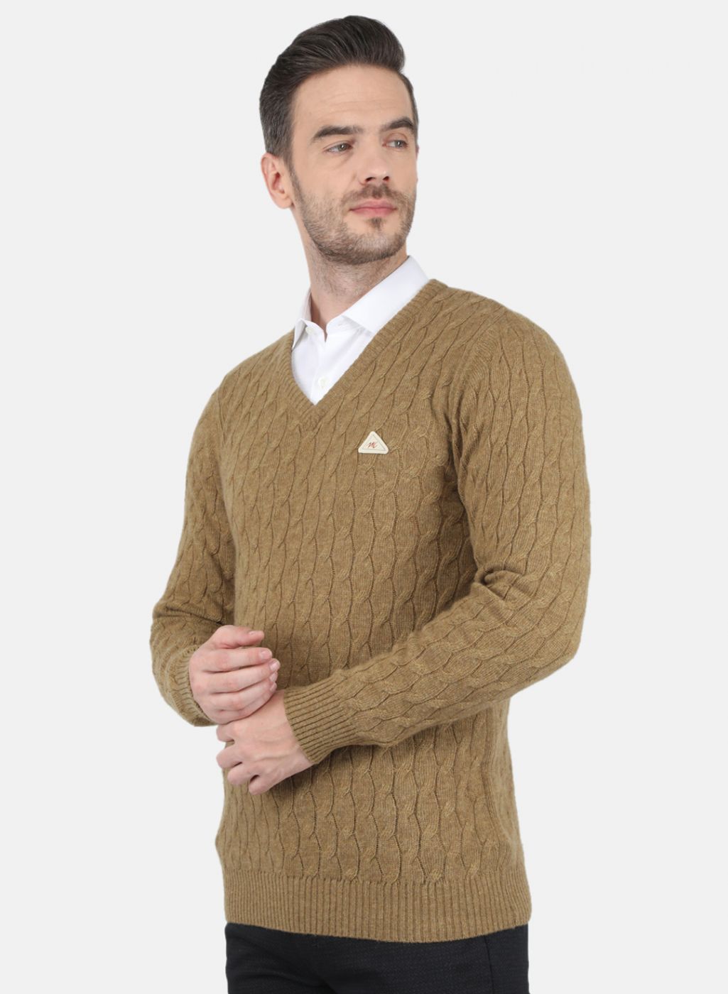 Men Khaki Self Design Pullover