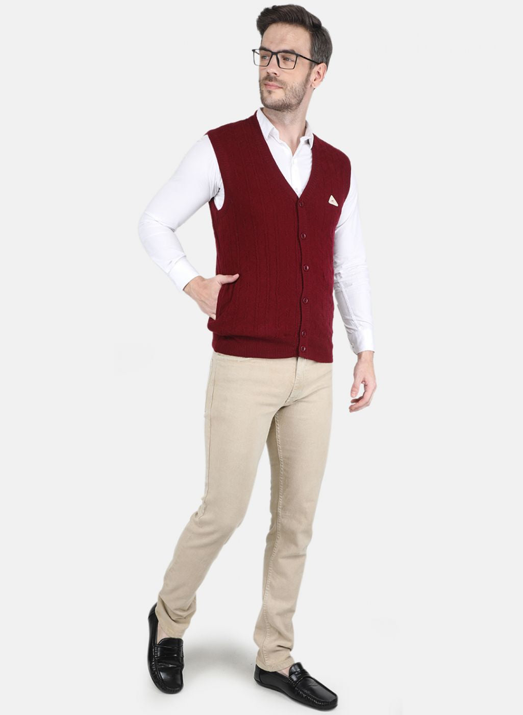 Men Maroon Self design Cardigan