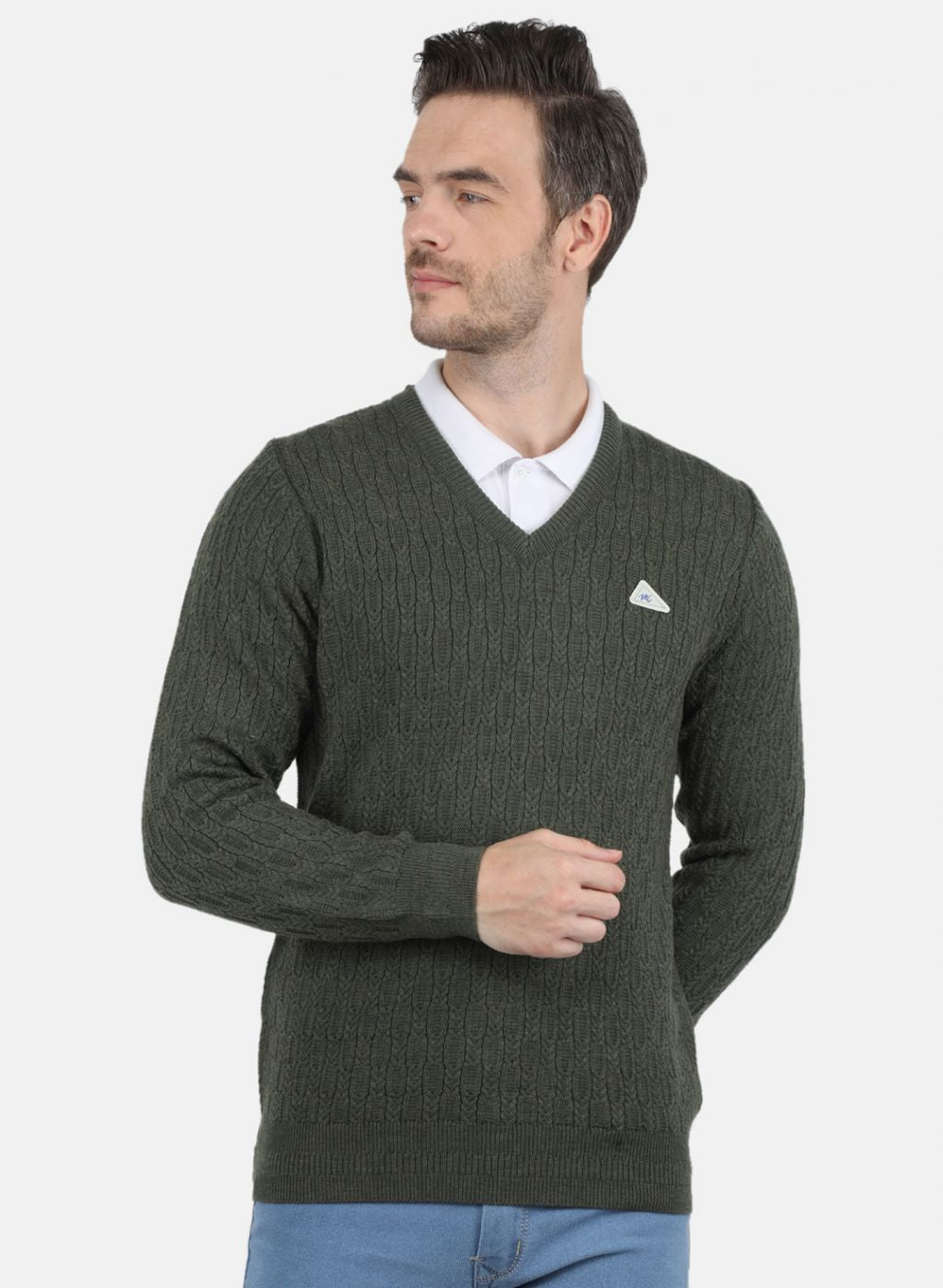 Men Olive Self Design Pullover