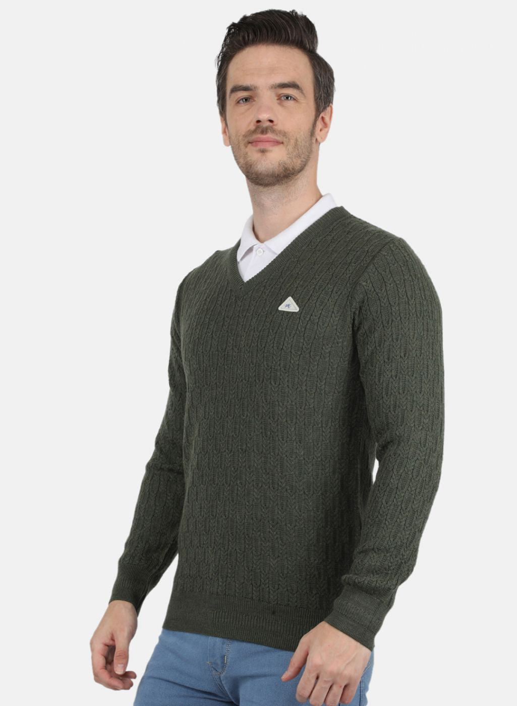 Men Olive Self Design Pullover