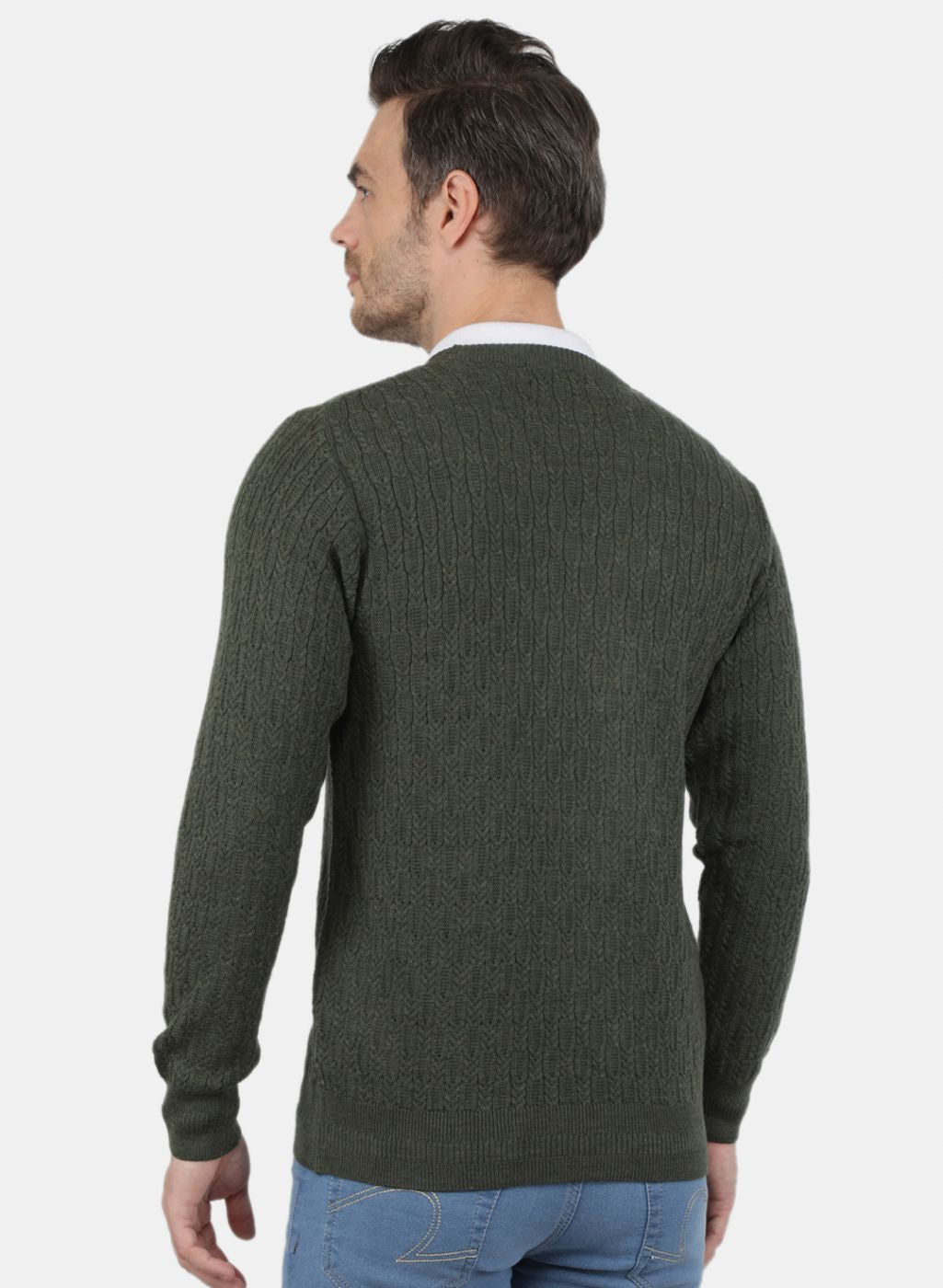 Men Olive Self Design Pullover