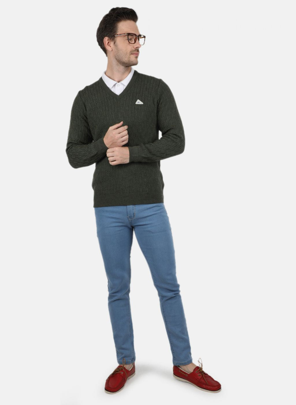 Men Olive Self Design Pullover