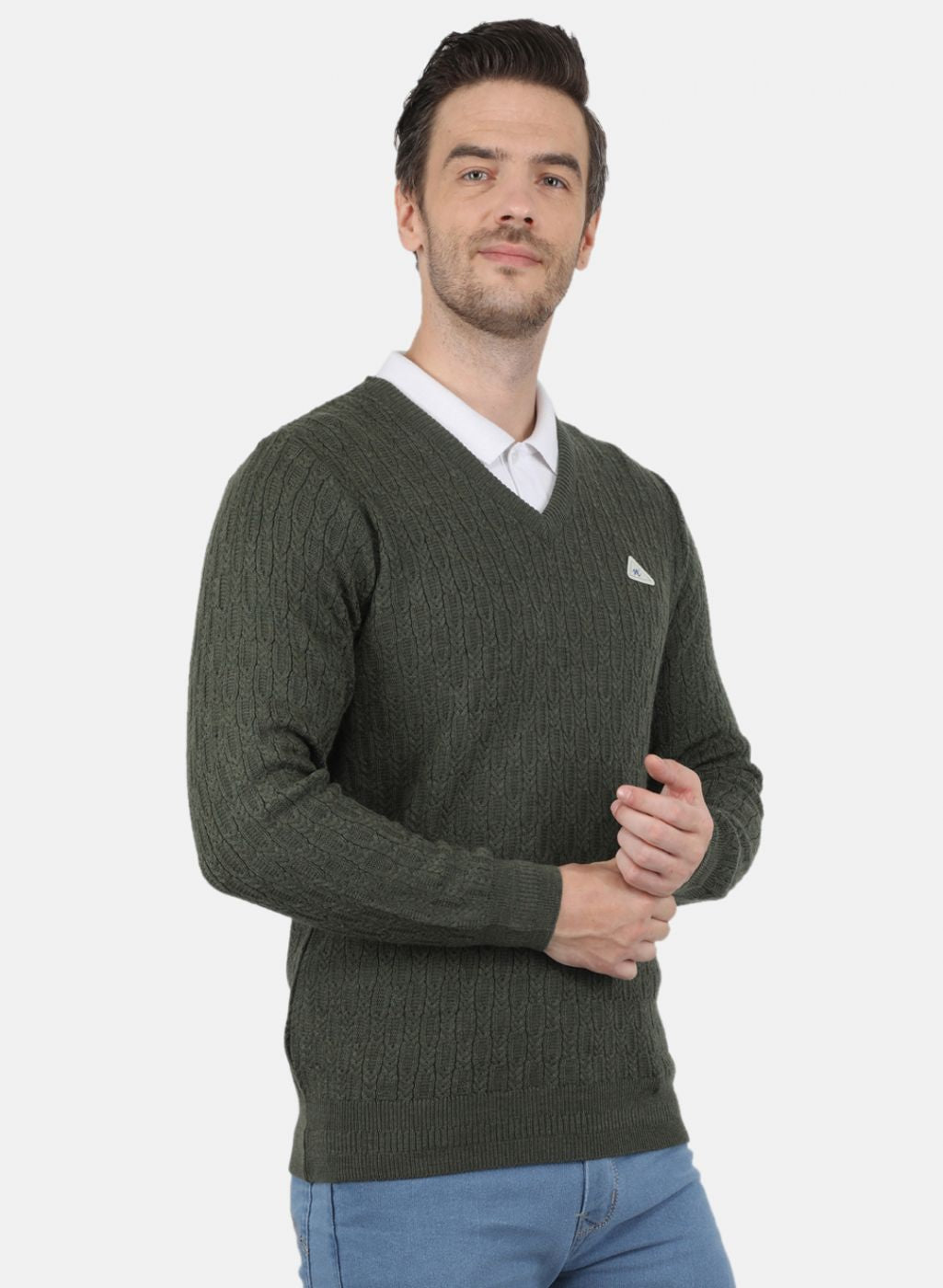 Men Olive Self Design Pullover