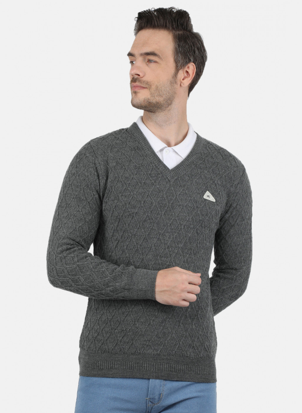 Men Grey Self Design Pullover