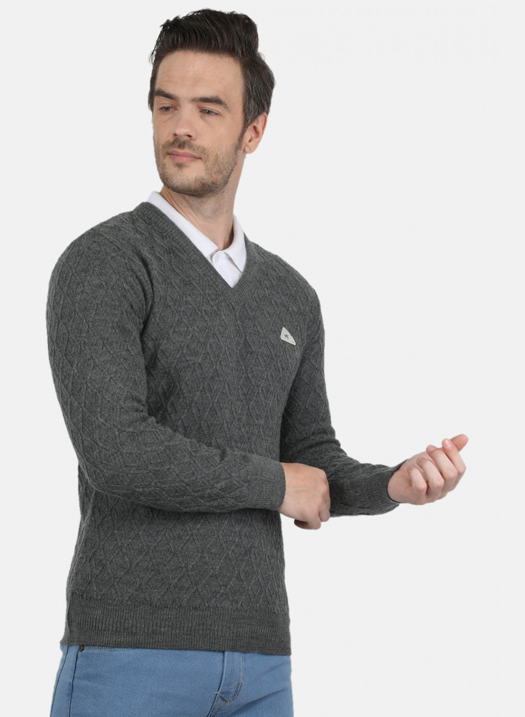 Men Grey Self Design Pullover