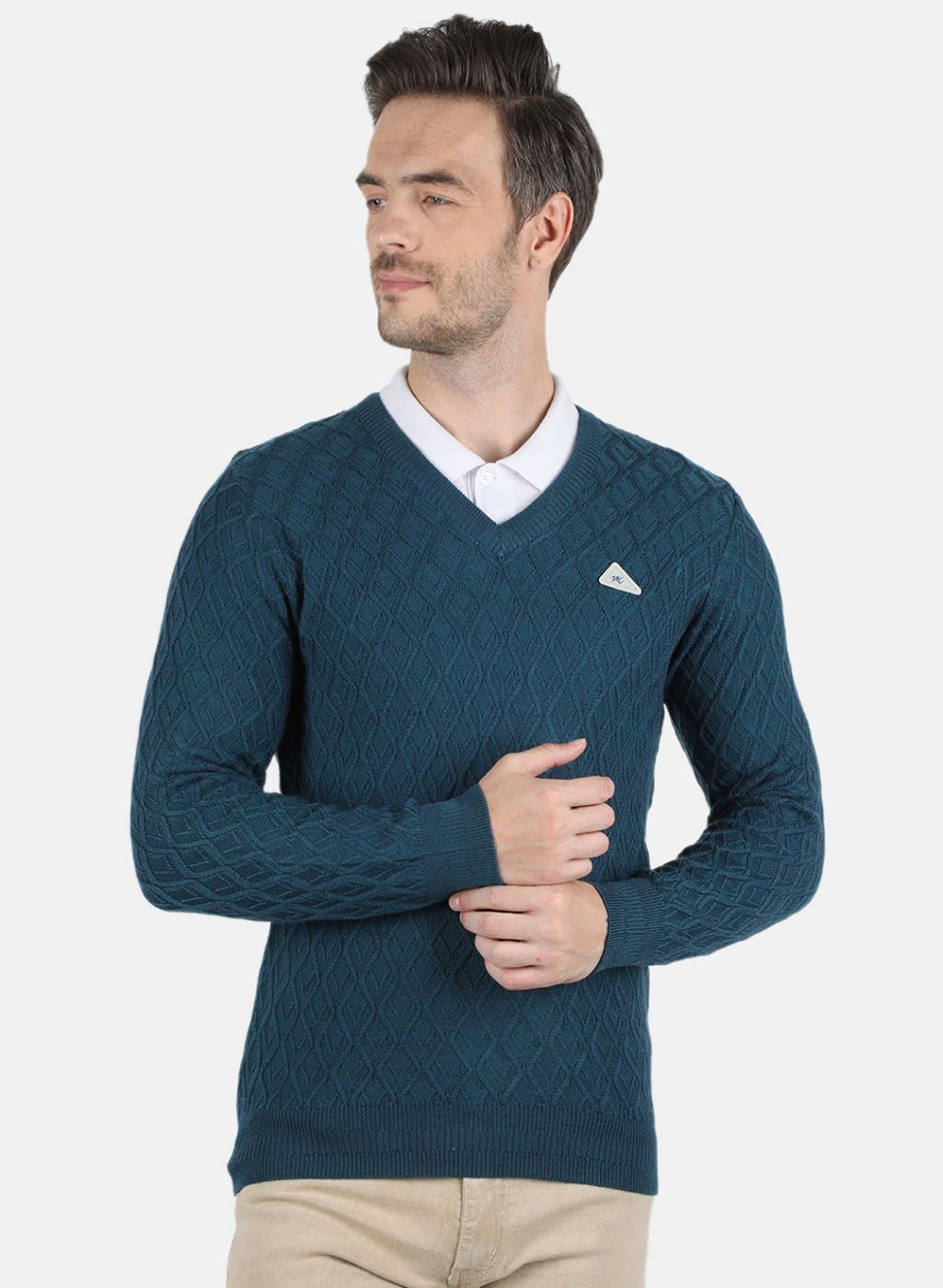 Men Teal Blue Self Design Pullover