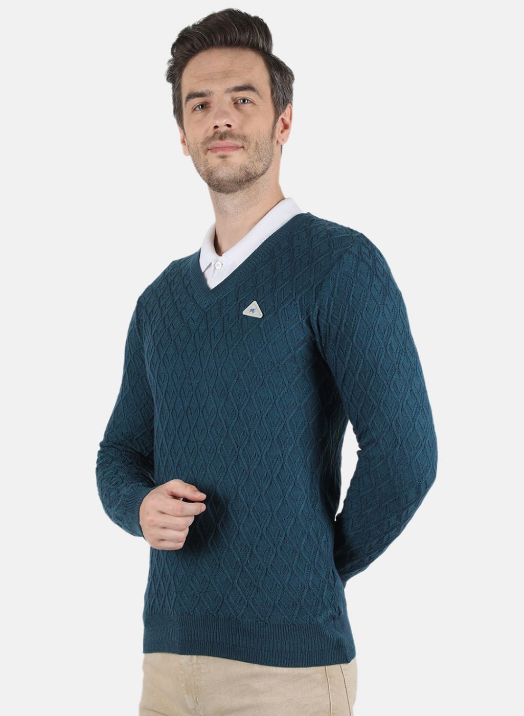 Men Teal Blue Self Design Pullover