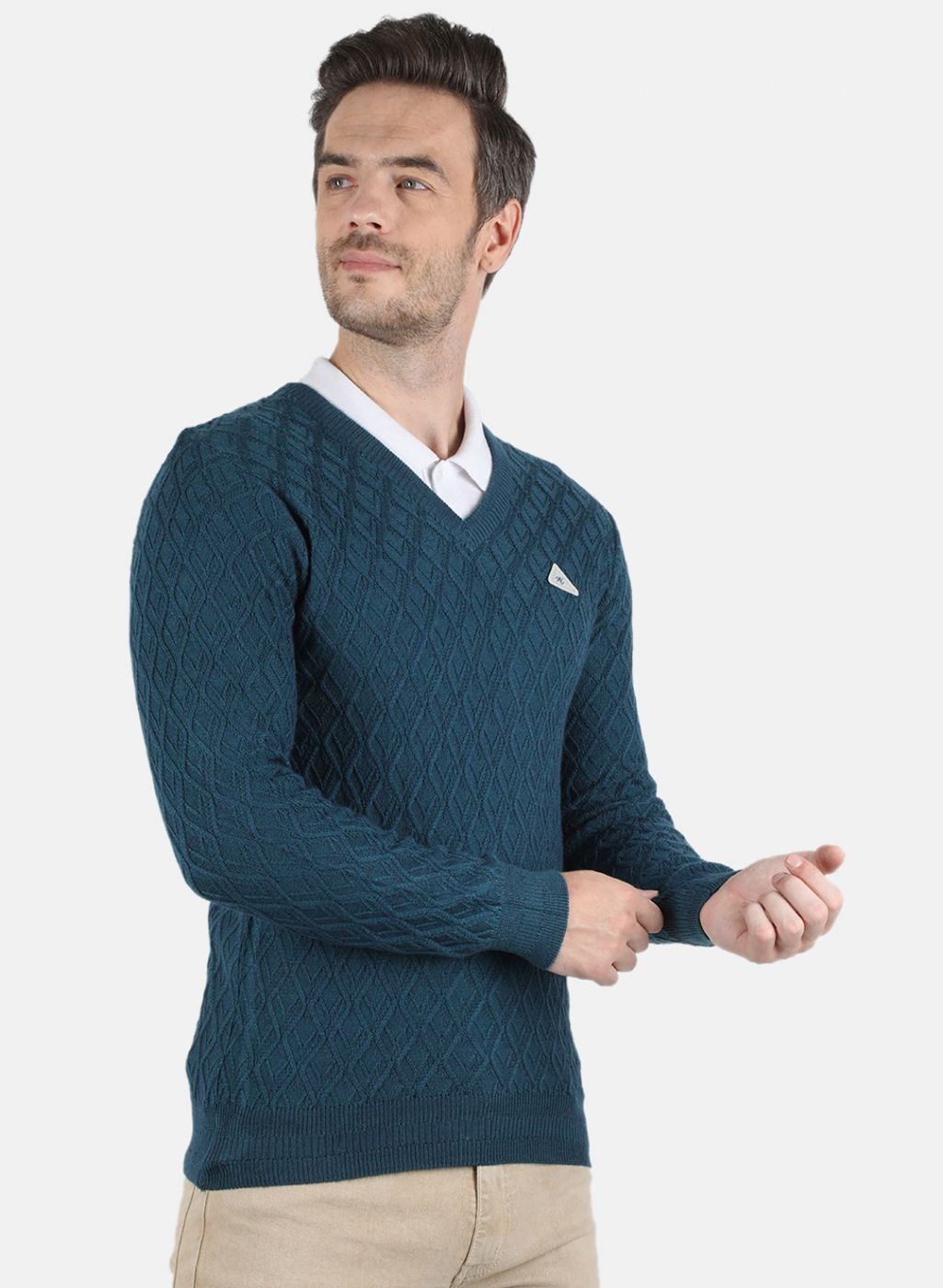 Men Teal Blue Self Design Pullover