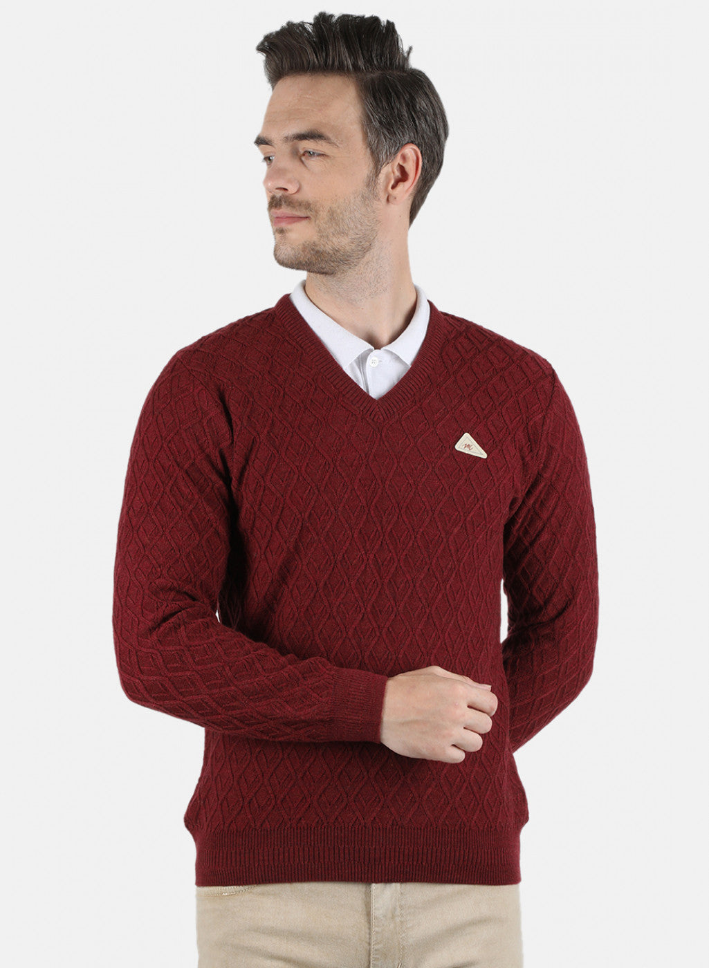 Men Maroon Self Design Pullover