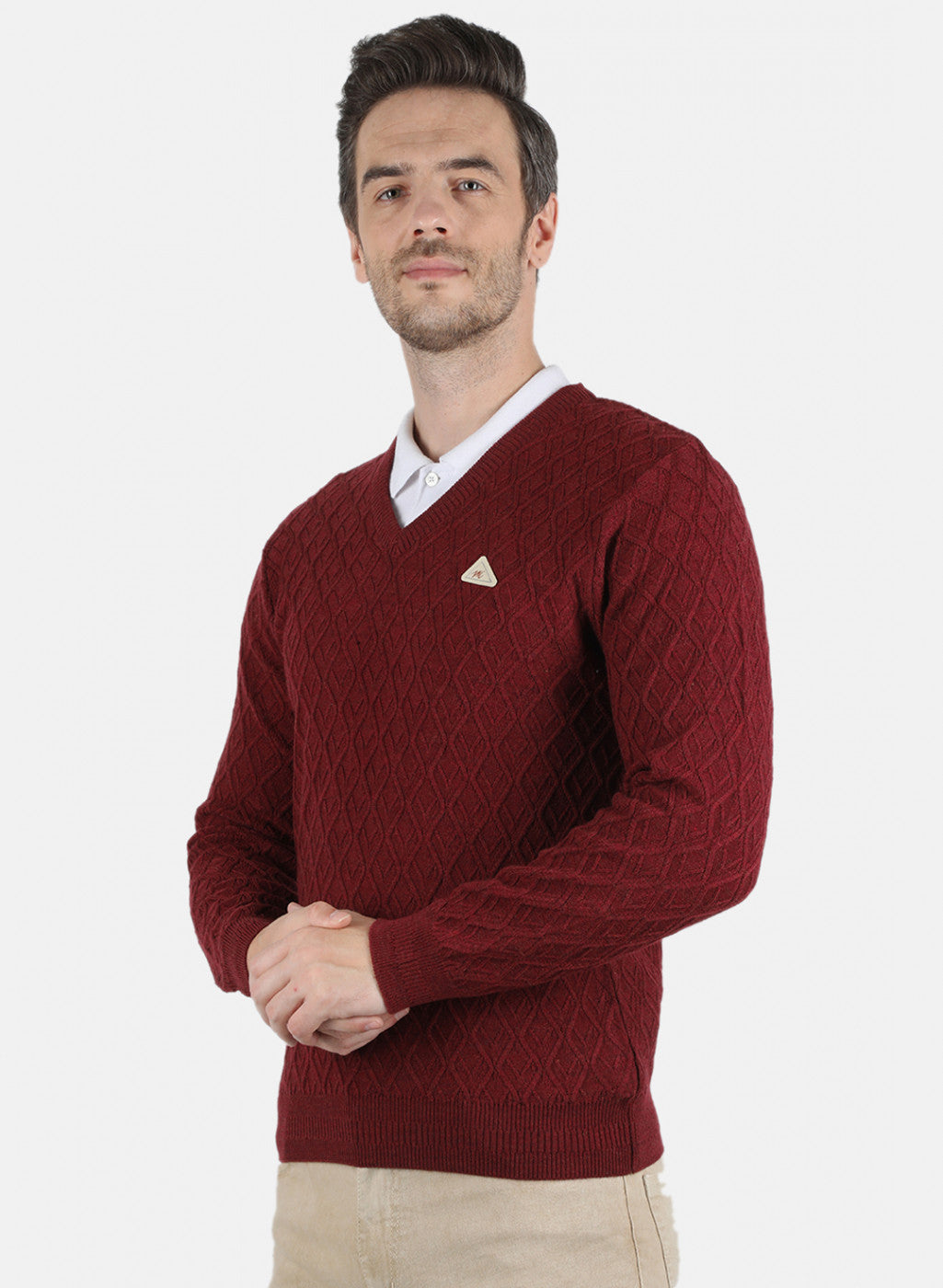 Men Maroon Self Design Pullover