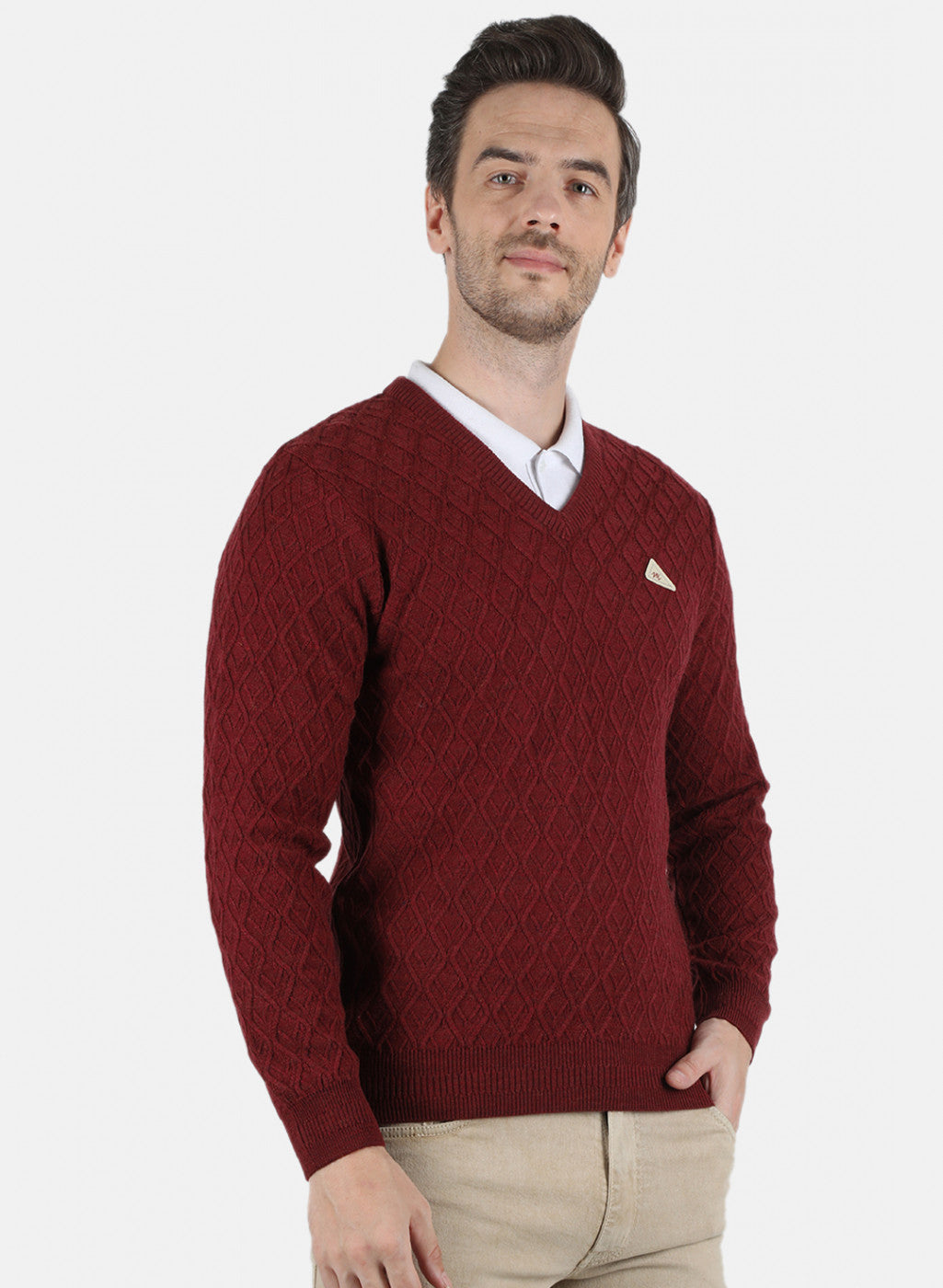 Men Maroon Self Design Pullover