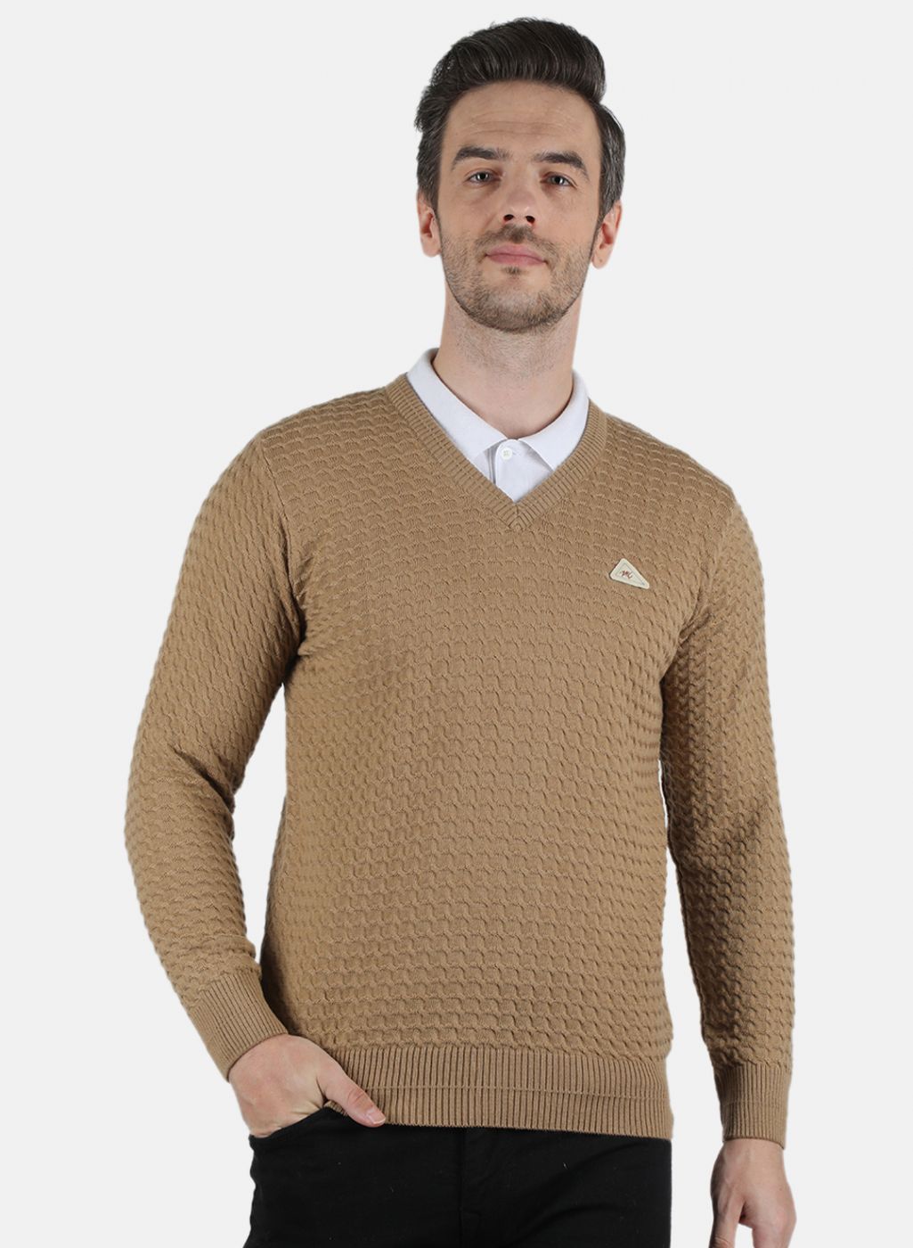 Men Beige Self Design Pullover