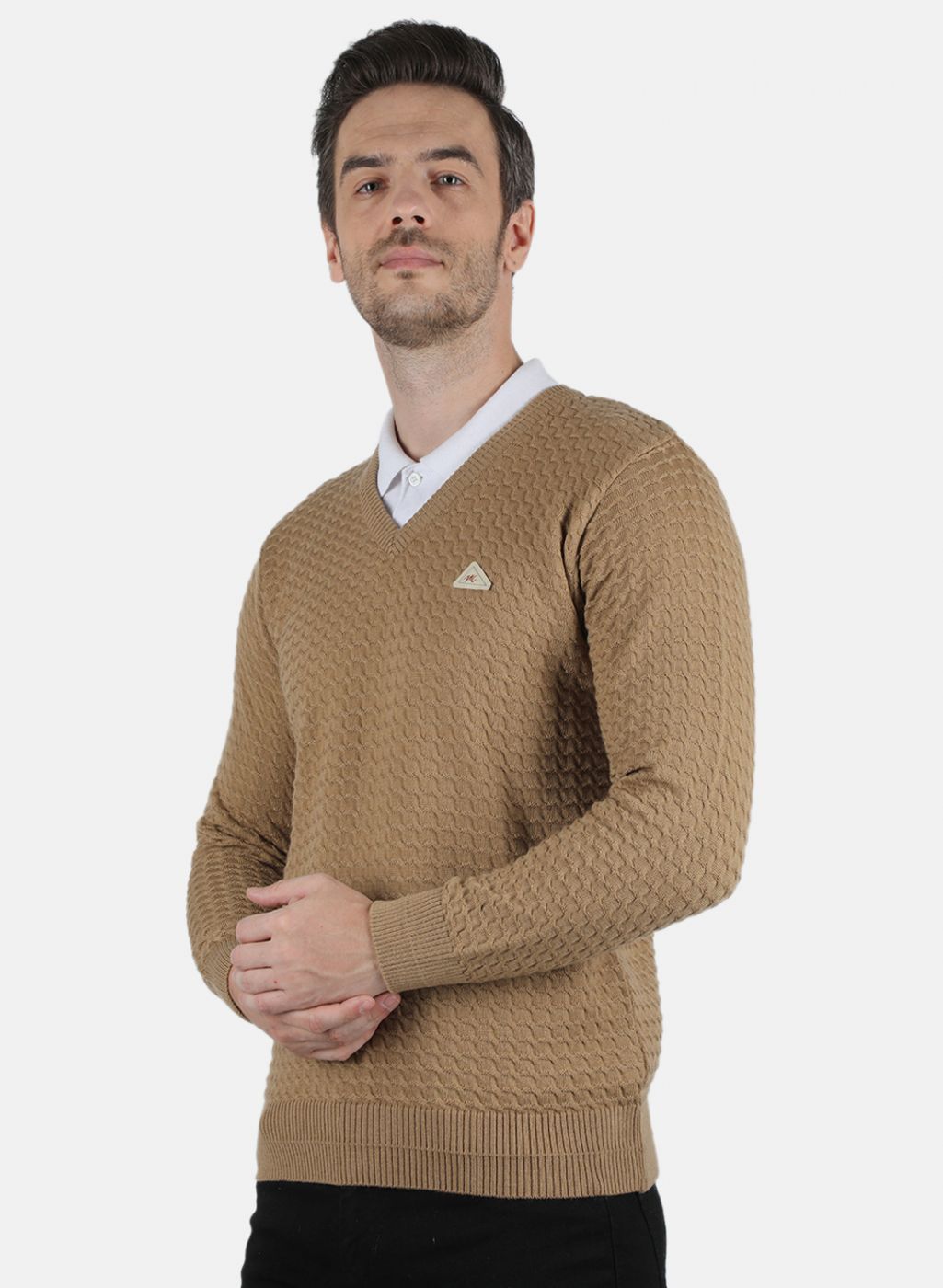 Men Beige Self Design Pullover