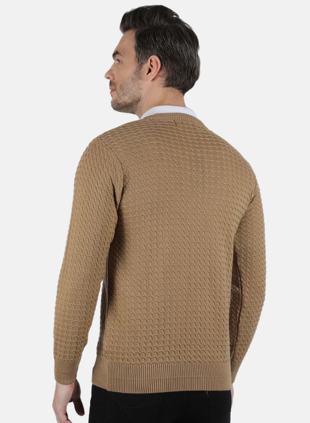 Men Beige Self Design Pullover