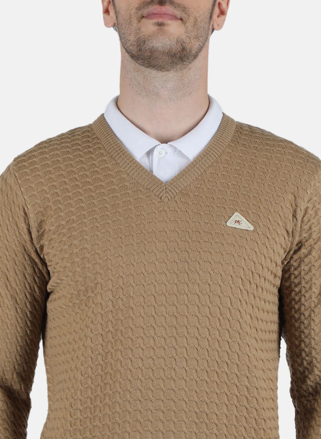 Men Beige Self Design Pullover