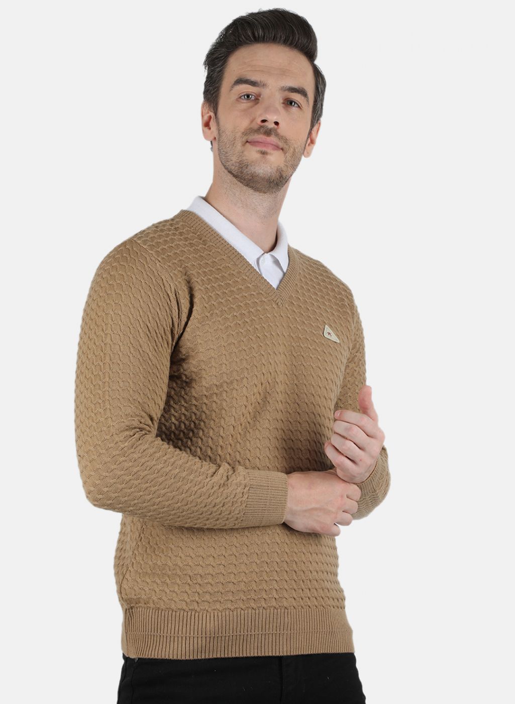 Men Beige Self Design Pullover