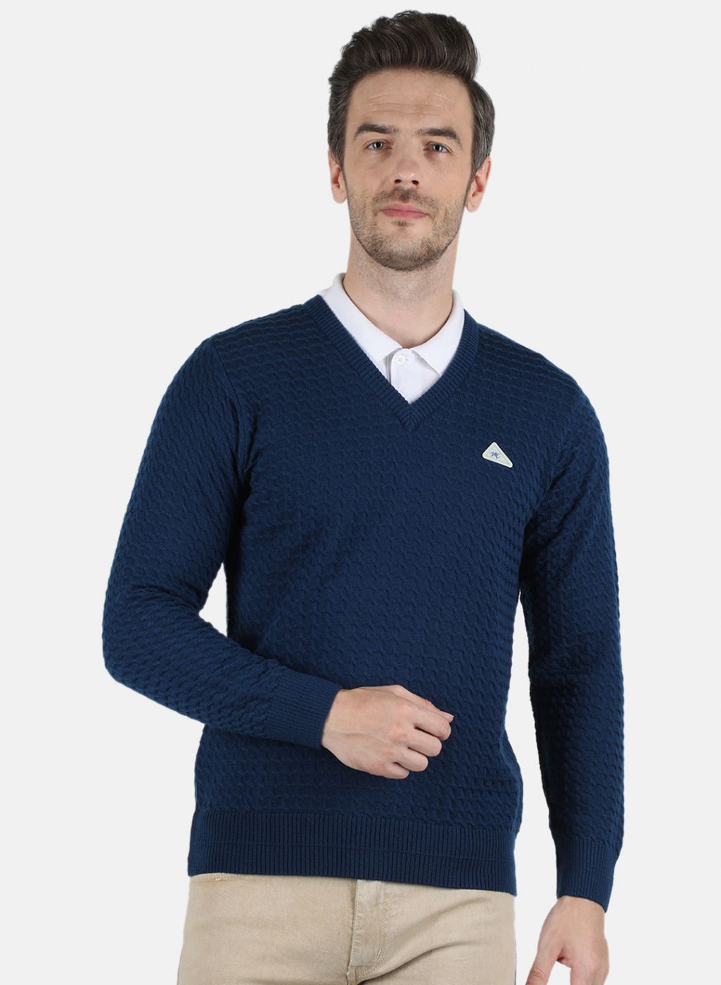 Men NAvy Blue Self Design Pullover