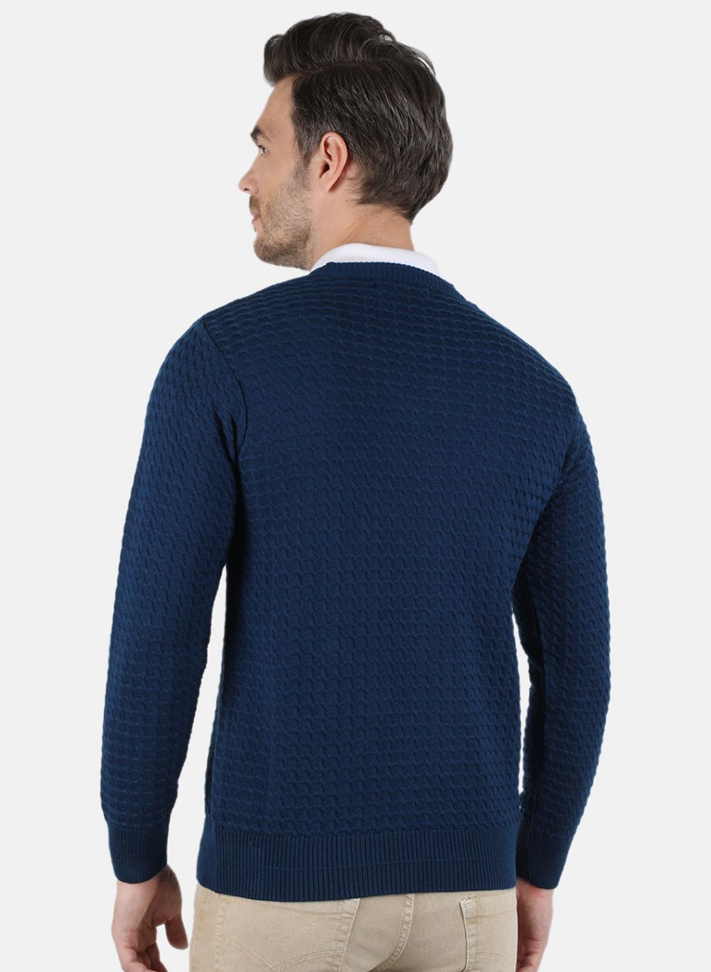 Men NAvy Blue Self Design Pullover