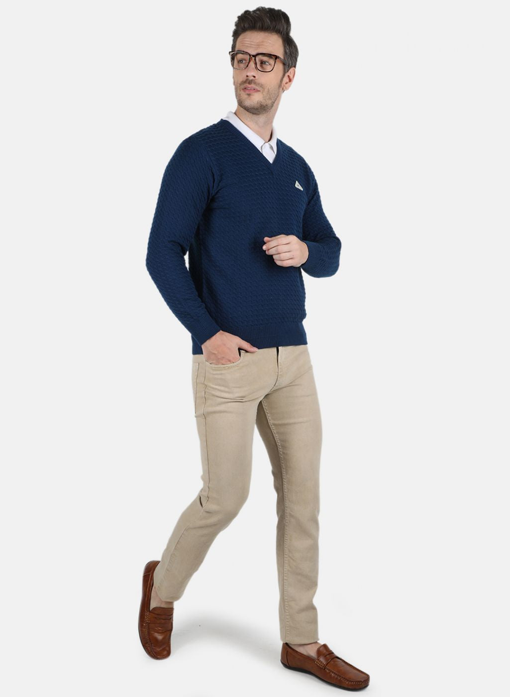 Men NAvy Blue Self Design Pullover