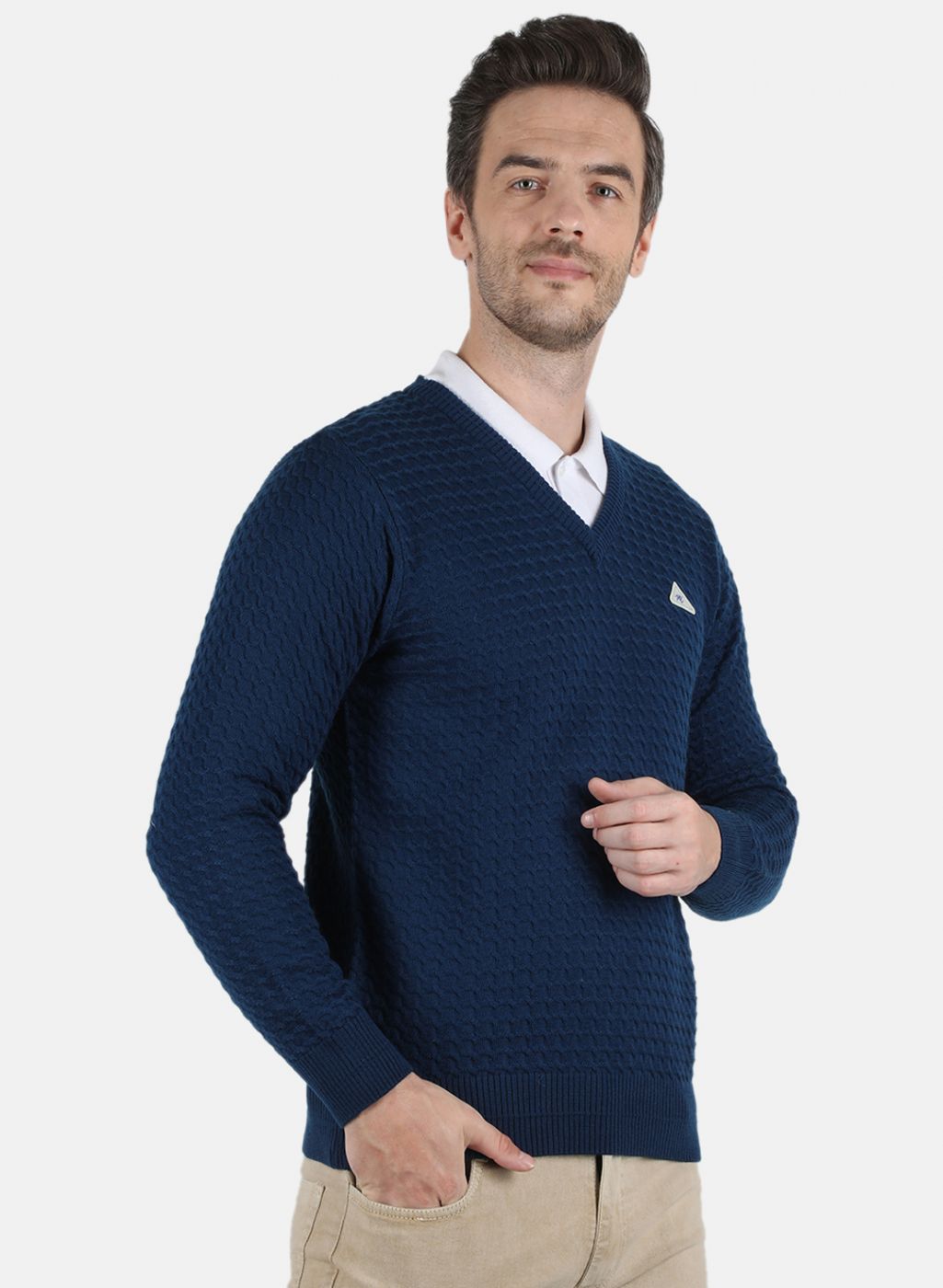 Men NAvy Blue Self Design Pullover